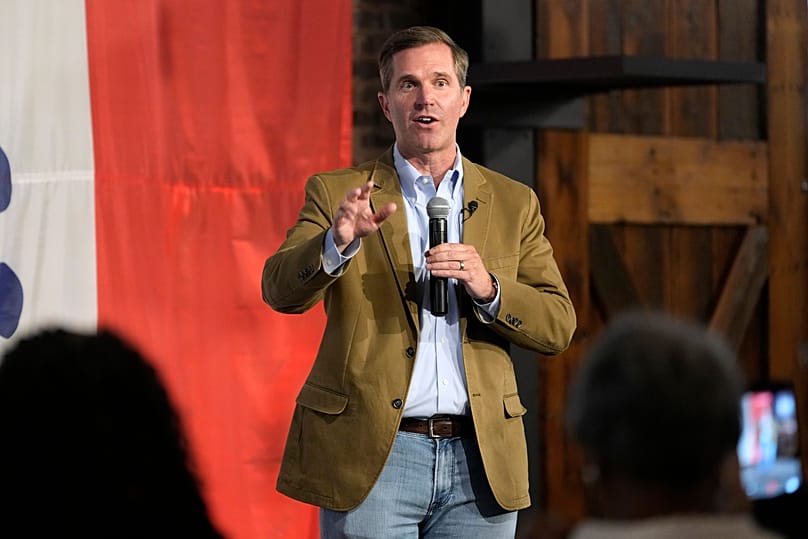 Kentucky Gov. Andy Beshear speaks during a campaign rally for a Democratic candidate in Iowa, June 7, 2026, in Des Moines. (AP Photo/Charlie Neibergall)