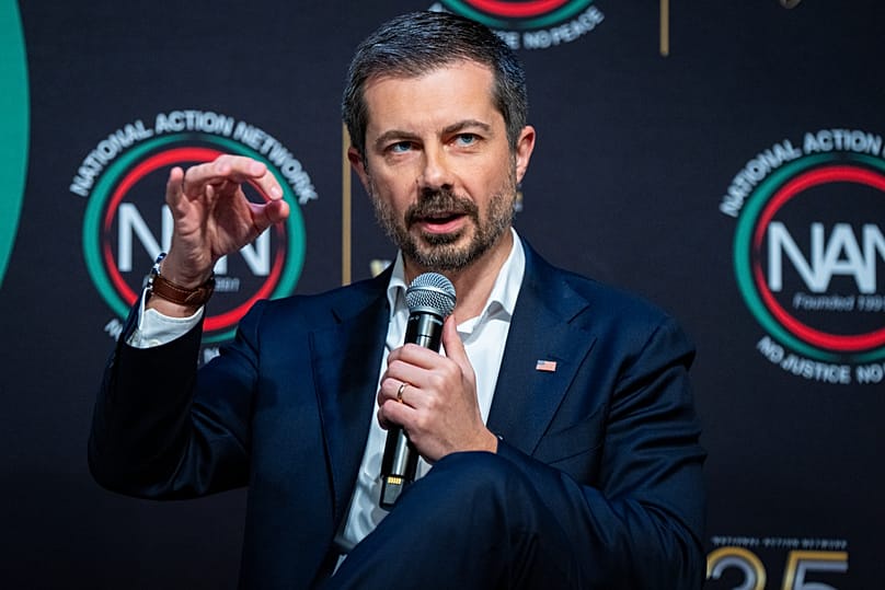 Former Transportation Secretary Pete Buttigieg speaks at the National Action Network (NAN) Convention in New York, April 10, 2026. (AP Photo/Angelina Katsanis)