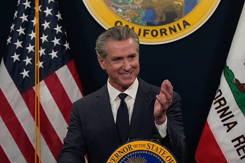 Governor Gavin Newsom speaks about his state budget proposal Thursday, May 14, 2026, in Sacramento, Calif. (AP Photo/Jeff Chiu)