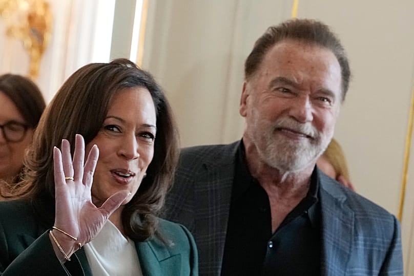 Former Vice President Kamala Harris and Arnold Schwarzenegger attend the Austrian World Summit in Vienna June 16, 2026. (AP Photo/Matthias Schrader)