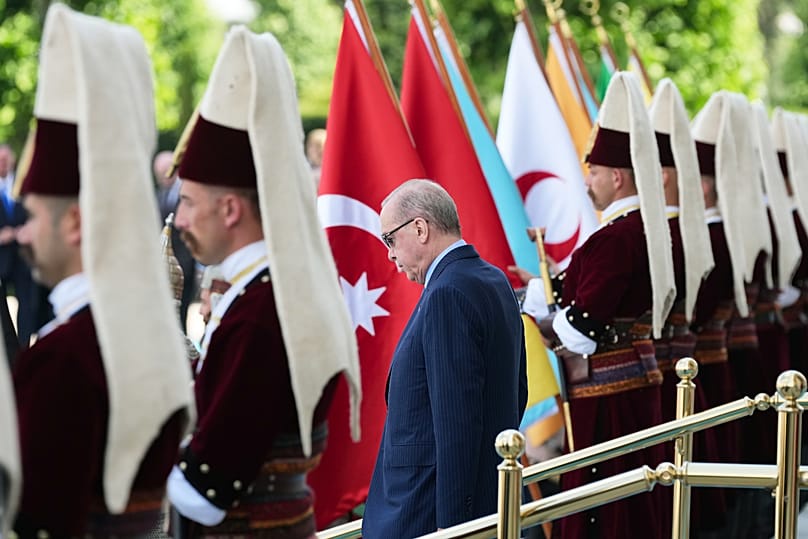 US President Donald Trump is greeted by Turkish President Recep Tayyip Erdogan as he arrives at the Bestepe Presidential complex, in Ankara, 7 July 2026