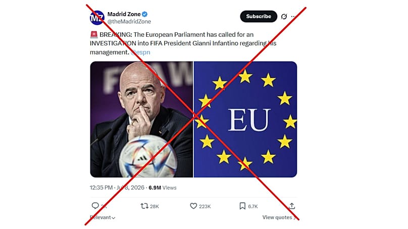 Post claims that the 'European Parliament has called for an investigation into FIFA President Gianni Infantino regarding his management.' 