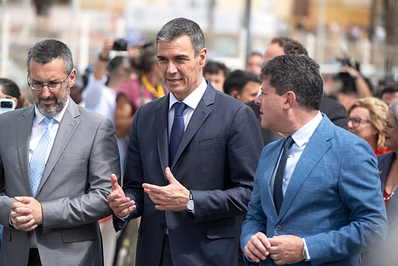 Spanish Prime Minister Pedro Sánchez, centre, in La Línea de la Concepción, 15 July, 2026