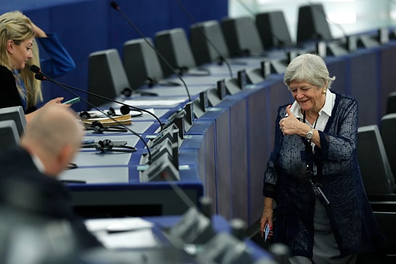 Ann Widdecombe gives the thumbs up at the European parliament in Strasbourg, 14 January, 2020 