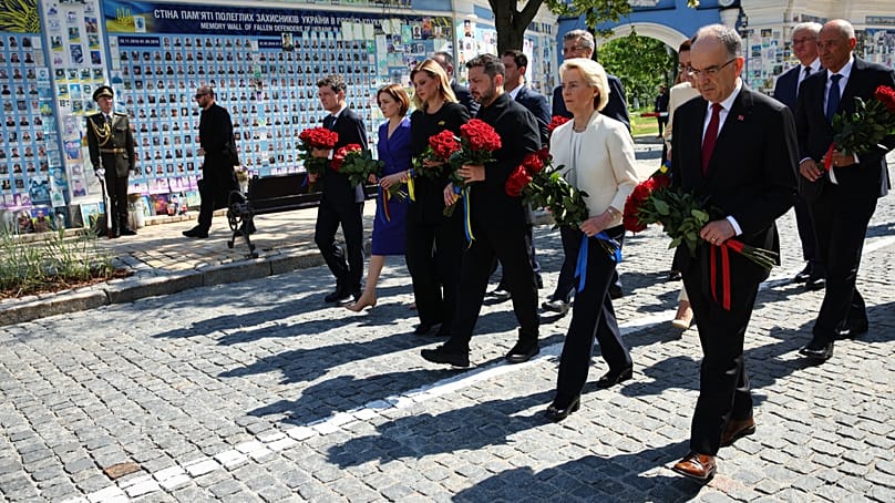 Von der Leyen in Kyiv, joined by other leaders.
