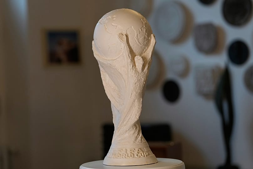 The original plaster World Cup trophy sculpture is displayed at the late sculptor Silvio Gazzaniga's warehouse in Pioltello, Italy