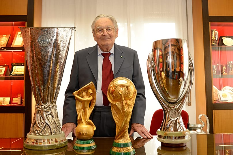 FILE: Silvio Gazzaniga poses with some of his most iconic works and celebrated trophies in football at GDE Bertoni factory in Paderno Dugnano near Milan, June 3, 2014