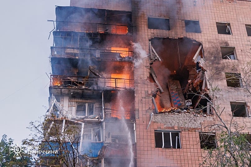 A residential building is seen in fire following a Russian air attack in Kramatorsk, Donetsk region, Ukraine, Monday, 20 July, 2026.