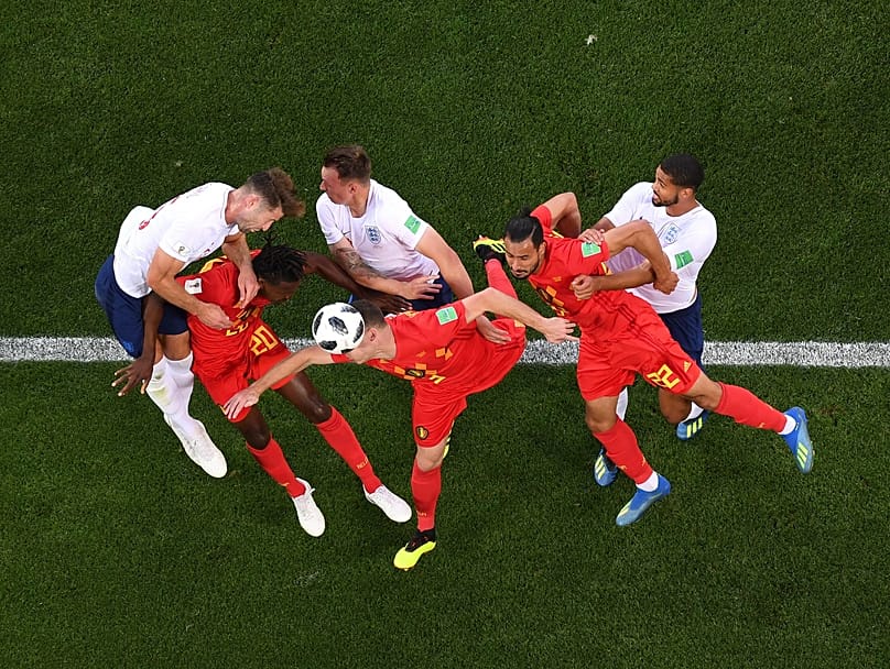 Get your head on it: England and Belgium players contest a ball during the 2018 World Cup Group G encounter, 28 June, Russia 
