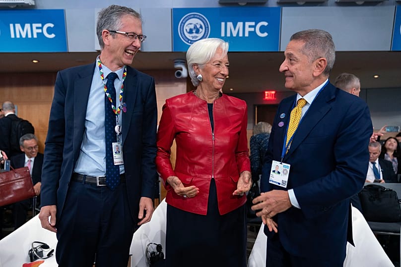 Pablo Hernández de Cos, general manager of the BIS, ECB President Christine Lagarde and Governor of the Bank of Italy Fabio Panetta at the IMFC meeting, Oct. 17, 2025