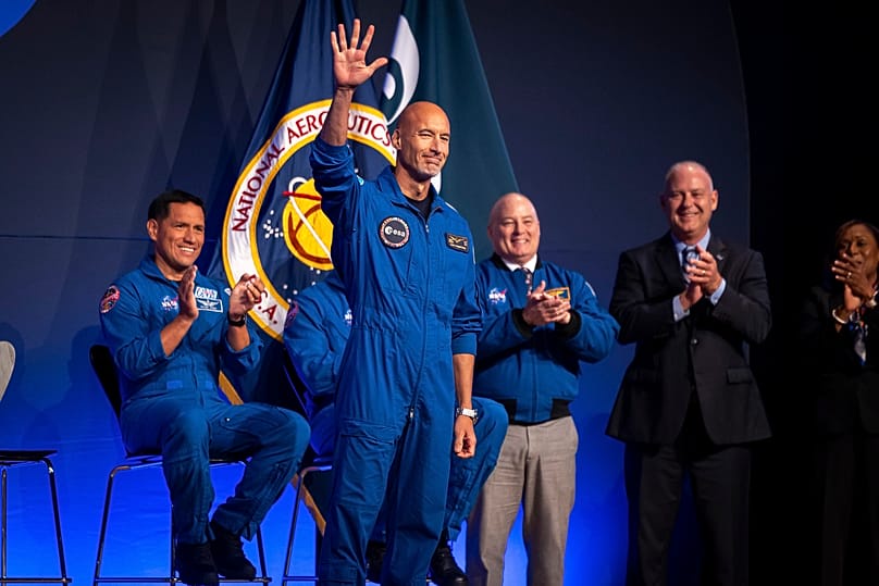 Artemis III crew member Luca Parmitano greets the crowd during a press conference at Johnson Space Center on Tuesday, June 9, 2026, in Houston. (AP Photo/Annie Mulligan)