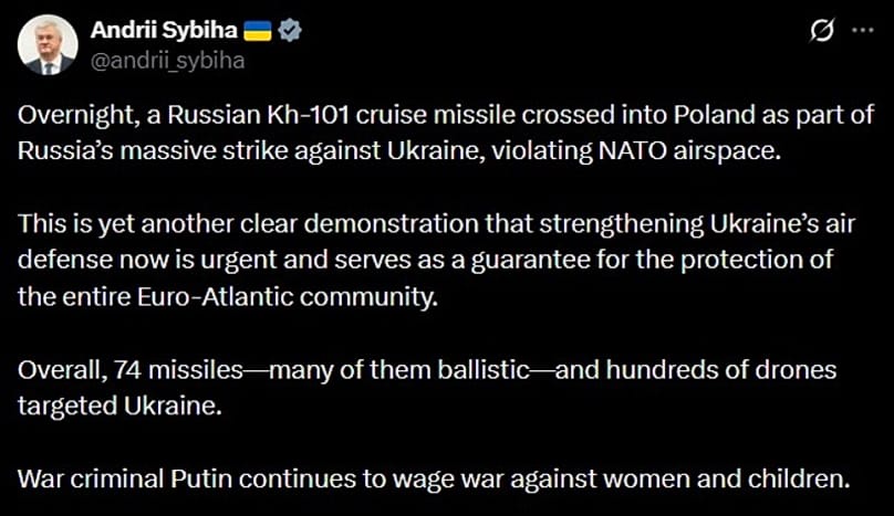 X post by Ukraine's Foreign Minister Andrii Sybiha