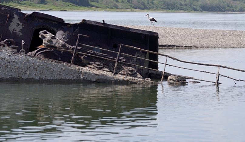 Deck of a German warship that sank in 1944 in the Danube near Prahovo in Serbia, 29 August 2022