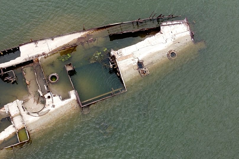 Wreck of a German Second World War warship in the Danube near Prahovo in Serbia, 22 August 2022