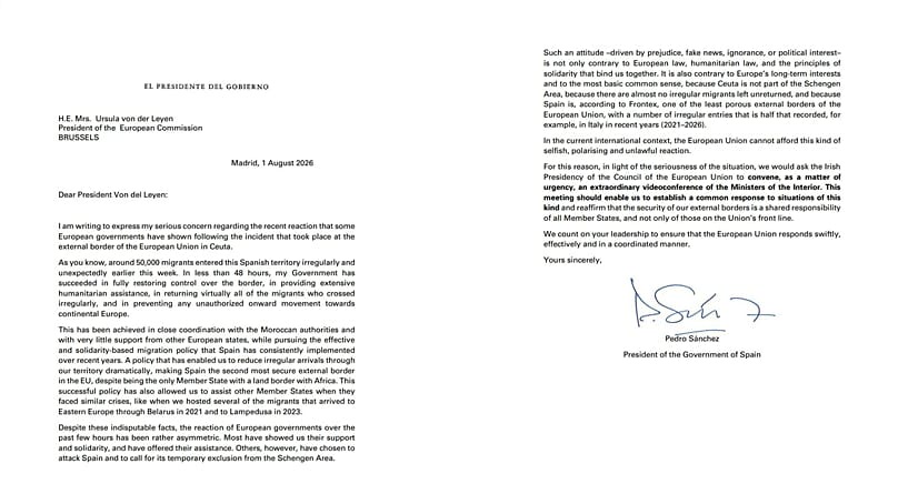 Pedro Sánchez's letter to Von der Leyen over the Ceuta crisis
