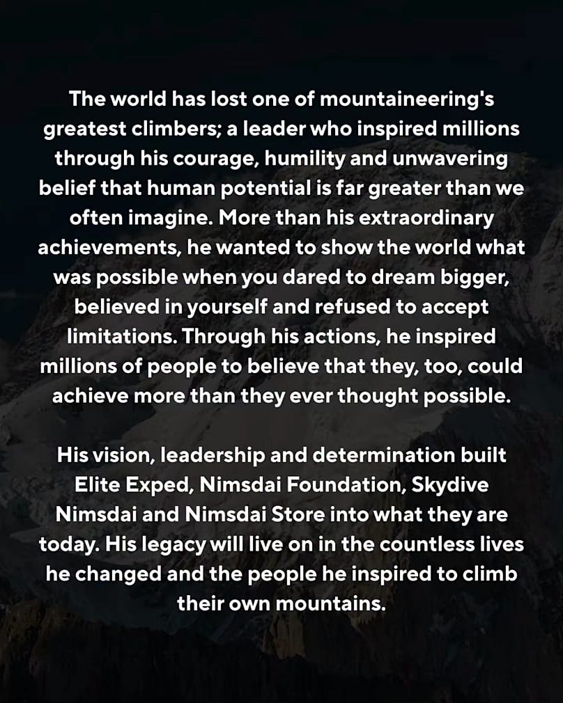 Elite Expedition announced death of Nirmal Purja in avalanche in Pakistan this Saturday.