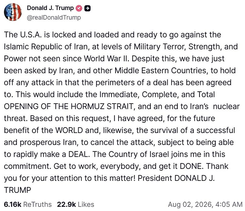 A screenshot of a post on US President Donald Trump's Truth Social account, 3 August, 2026