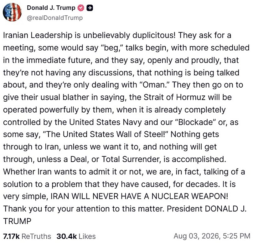 A screenshot of a post on US President Donald Trump's Truth Social account, 4 August, 2026