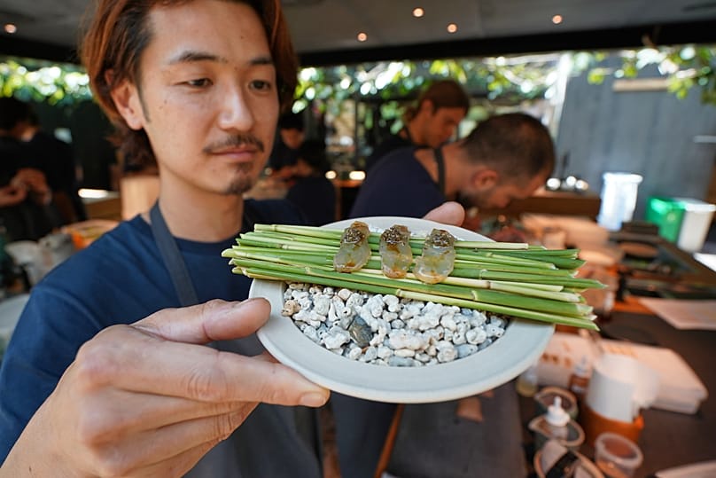 A chef shows a new fish dish in fine-dining restaurant Noma's kitchen ahead of its new season in Copenhagen, Denmark, Tuesday, July 28, 2026. (AP Photo/James Brooks)