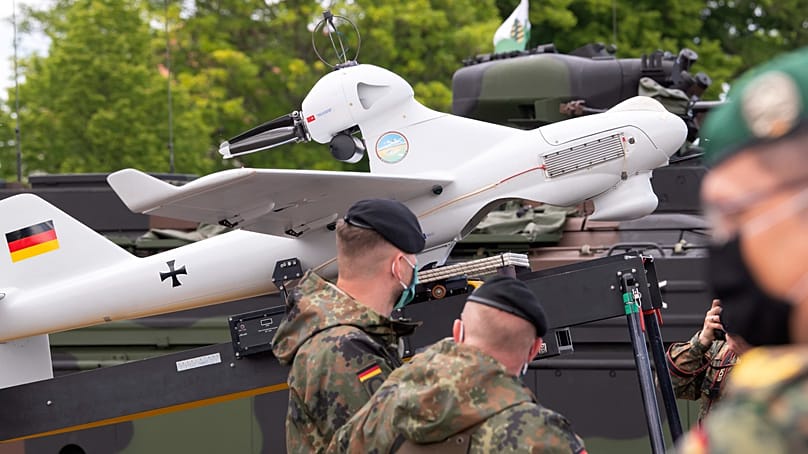 Soldiers on 26 May 2020 next to the reconnaissance drone 