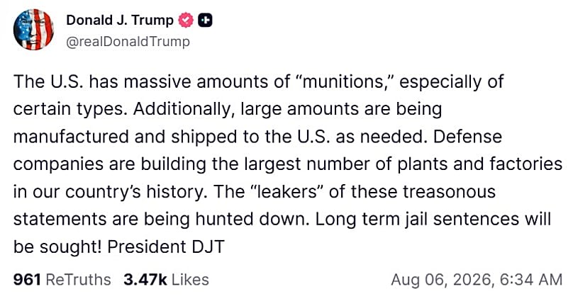 A screenshot of a post on US President Donald Trump's Truth Social account, 6 August, 2026
