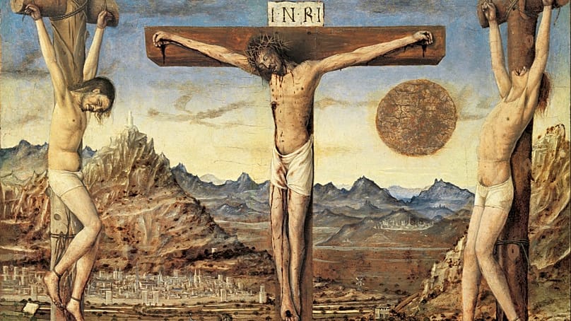 The sun appears in an ochre hue. Anonymous. 'Crucifixion'.