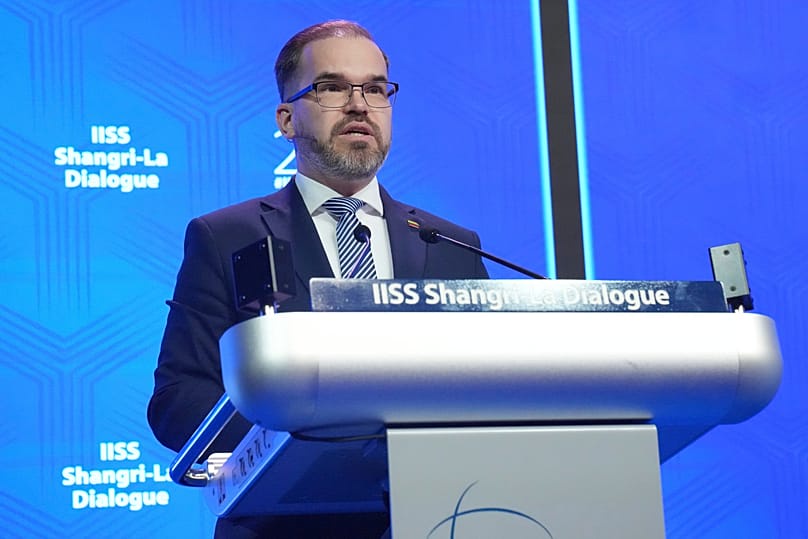 Lithuania's Minister of National Defence Robertas Kaunas delivers an address during the Shangri-La Dialogue in Singapore, 30 May, 2026