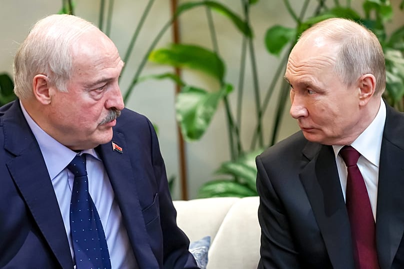 Russian President Vladimir Putin, right, speaks with Belarusian President Aliaksandr Lukashenka in Astana, 29 May, 2026