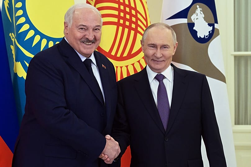  Vladimir Putin and Aliaksandr Lukashenka pose for a photo during their meeting in St. Petersburg, Russia,Dec. 21, 2025.