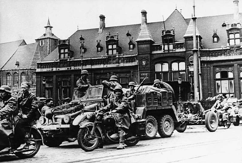 German troops drive through Liège, 30 May 1940