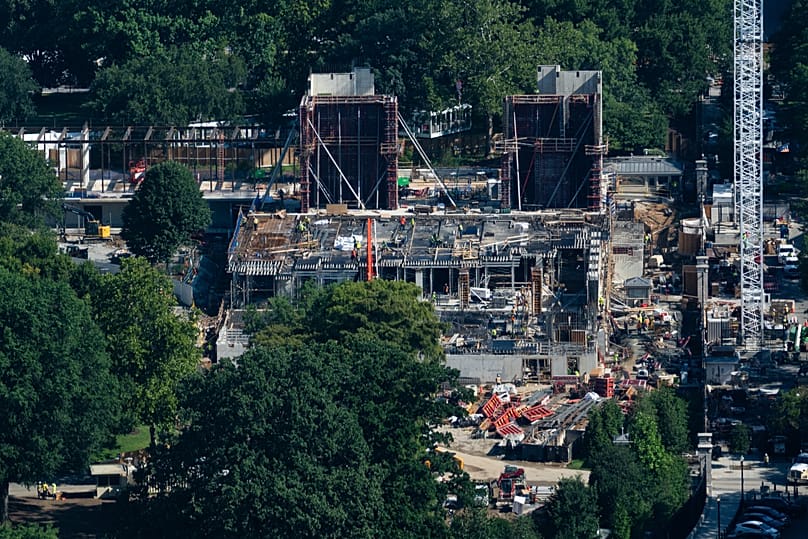 Construction continues on the White House ballroom, Friday, Aug. 7, 2026, in Washington. 