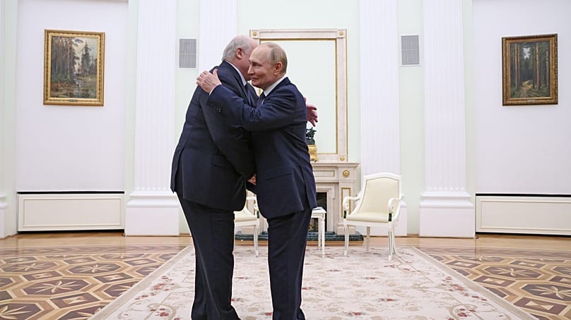 Russian President Vladimir Putin right greets Belarusian President Aliaksandr Lukashenka during their meeting at the Kremlin in Moscow, Russia, 26 September, 2025. 