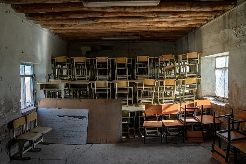 A classroom that previously was used for girls sits empty in Kabul, 22 December, 2022