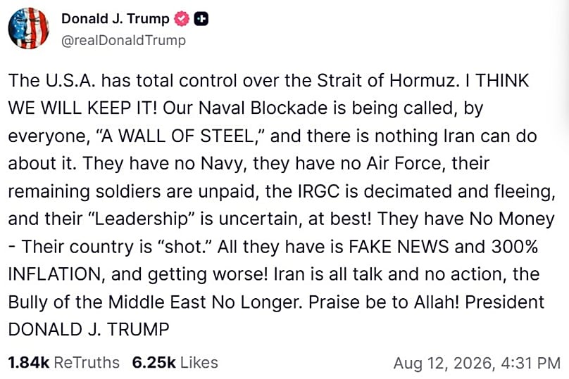 A screenshot of a post on US President Donald Trump's Truth Social account, 12 August, 2026