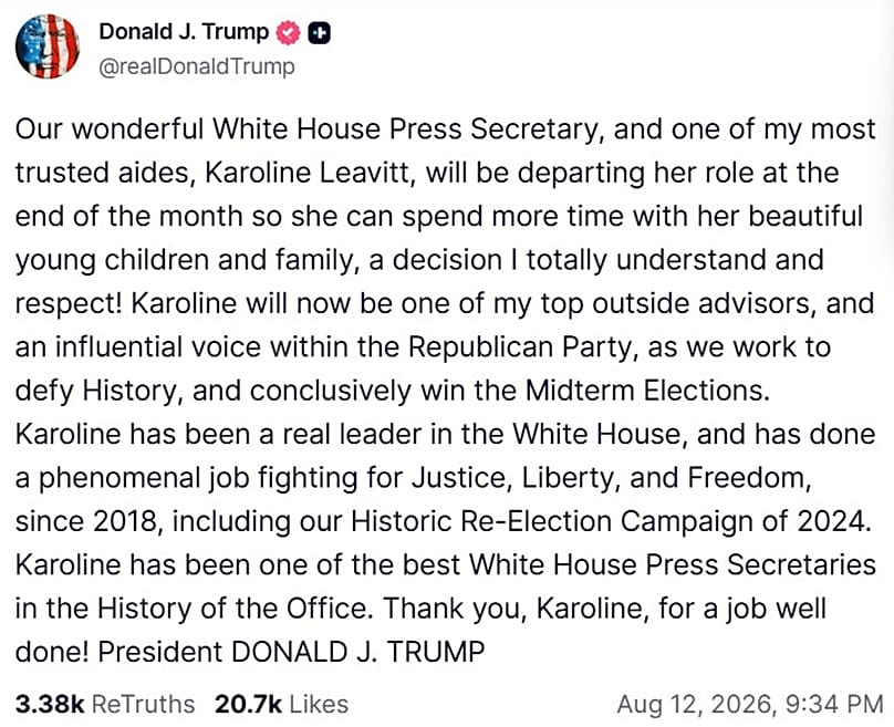 A screenshot of a post on US President Donald Trump's Truth Social account, 12 August, 2026