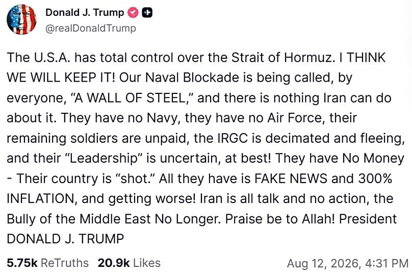 A screenshot of a post on US President Donald Trump's Truth Social account, 13 August, 2026