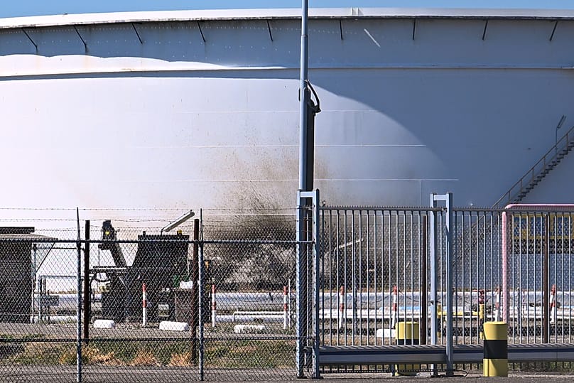 A structure in a refinery and fuel terminal run by Gunvor Energy carries the traces of an explosion at the port of Rotterdam, 13 August, 2026