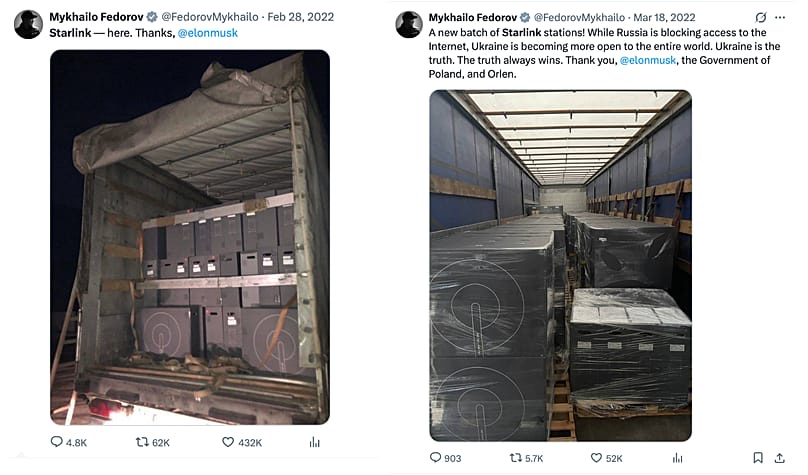 Screenshots of posts on X by former Ukrainian defence minister Mykhailo Fedorov.