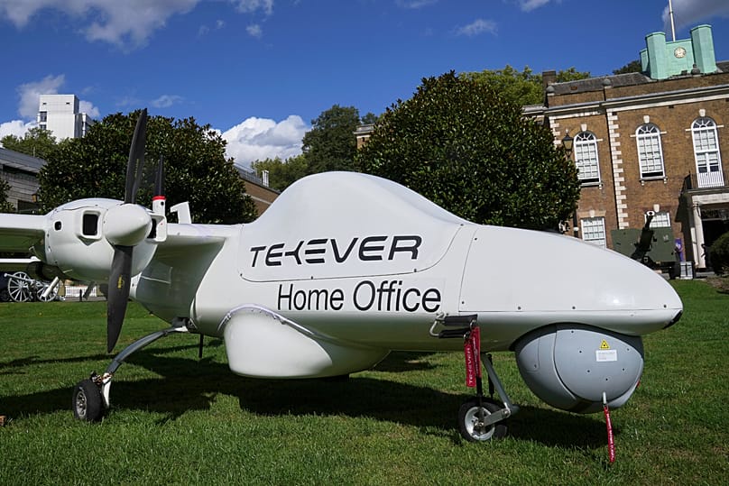 FILE. A drone of G-TEKG's Tekever AR5 Evolution Mk.2 is displayed during the Five Country Ministerial meeting at the Honourable Artillery Company in London, Sept. 2025
