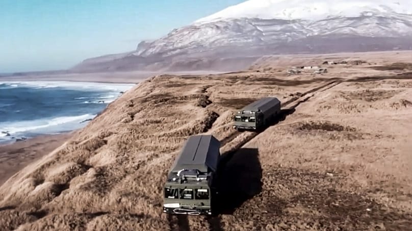 FILE: Bastion missile launchers move to their positions on the disputed island chain near Japan, 21 December 2021