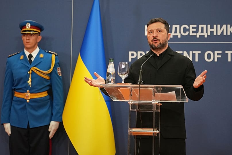 Ukraine's President Volodymyr Zelenskyy speaks during a press conference with his Serbian counterpart Aleksandar Vucic at the Serbia Palace, in Belgrade, Serbia.
