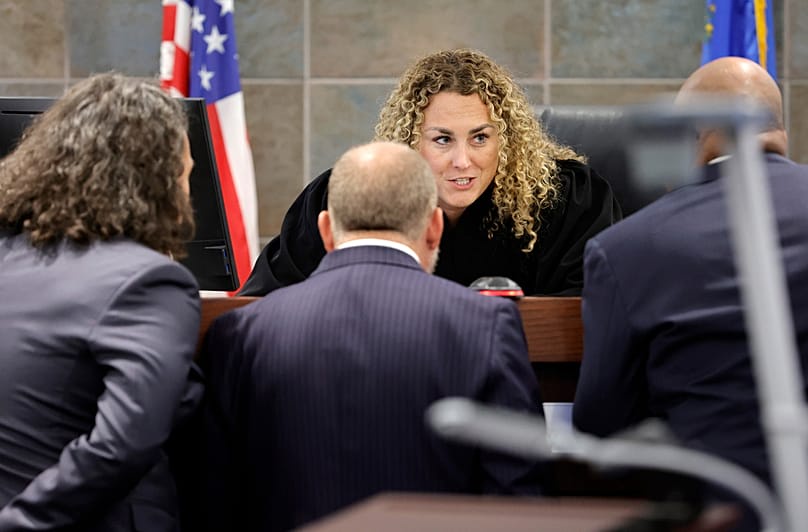 Judge Carli Kierny confers with Michael Sanft, attorney for Duane Davis and Chief Deputy District Attorneys Marc DiGiacomo and Binu Palal, in Las Vegas, Monday 17 Aug, 2026