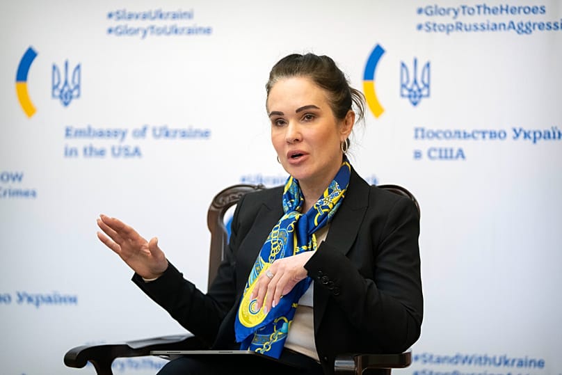 Iryna Mudra speaks during a press conference at the Embassy of Ukraine on Wednesday, March 13, 2024, in Washington