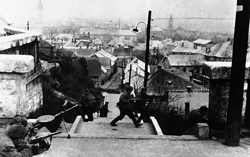 Soviet and Romanian troops fought in Budapest in 1945 against German and Hungarian units.