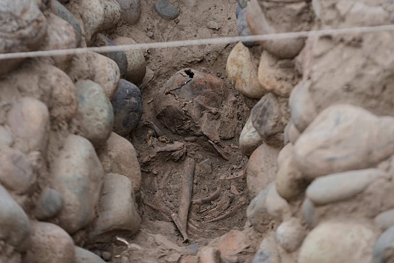 Skeletal remains are exposed while being excavated by archeologists at the Huaca Pucllana archaeological site in Lima, Peru, Tuesday, Aug. 18, 2026. 