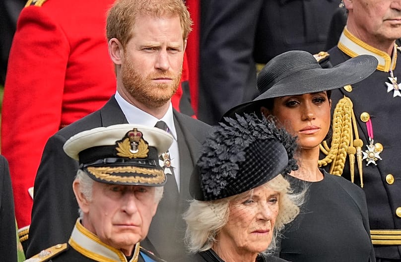 King Charles III, Queen Camilla, Prince Harry and Meghan attend Queen Elizabeth II’s funeral in London on 19 September 2022. (AP Photo/Martin Meissner, Pool)