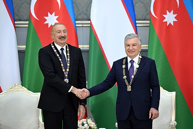 Presidents Ilham Aliyev and Shavkat Mirziyoyev after exchanging their countries’ highest state honours in Tashkent.