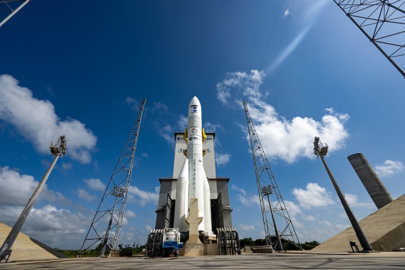 The Meteosat Third Generation Imager-2 (MTG-I2) on its Ariane 6 rocket on the launch pad at the European Spaceport in French Guiana.