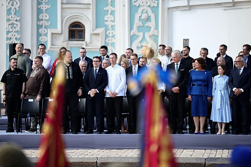 commemorative ceremony marking Ukraine's 35th Independence Day outside St. Sofia cathedral in Kyivin Kyiv, Ukraine, Monday, Aug. 24, 2026. 