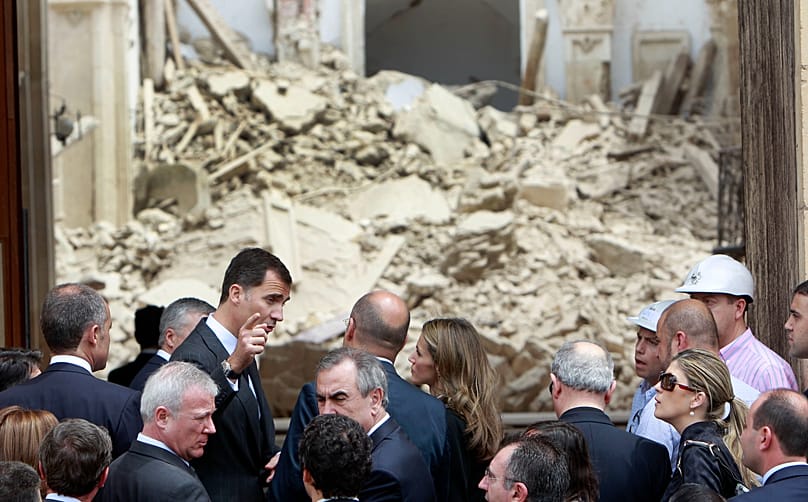 Prince Felipe of Spain and Princess Letizia visit the church of Santiago, destroyed by the earthquake in Lorca, Spain, on Friday 13 May 2011.